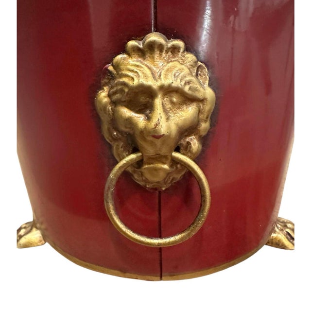 Burgundy Vintage Large Italian Tole Gilt & Cranberry / Burgundy Red Monteith Cache Pot / Jardinere / Planter With Lion Head Rings and Paw Feet For Sale - Image 8 of 8