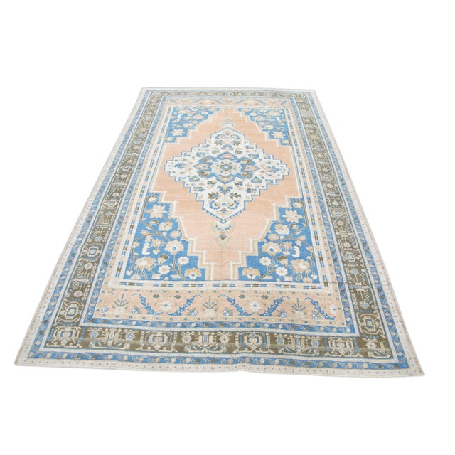 Modern Turkish Oushak Rug Blue & Peach Handwoven Wool Rug 5'8" X 8'10" For Sale - Image 3 of 9