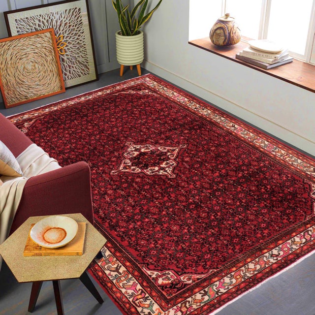 Red Vintage Hand-Knotted Wool Rug – 6'8" X 9'8" – Red & Blue Geometric Medallion Traditional Rug For Sale - Image 8 of 8