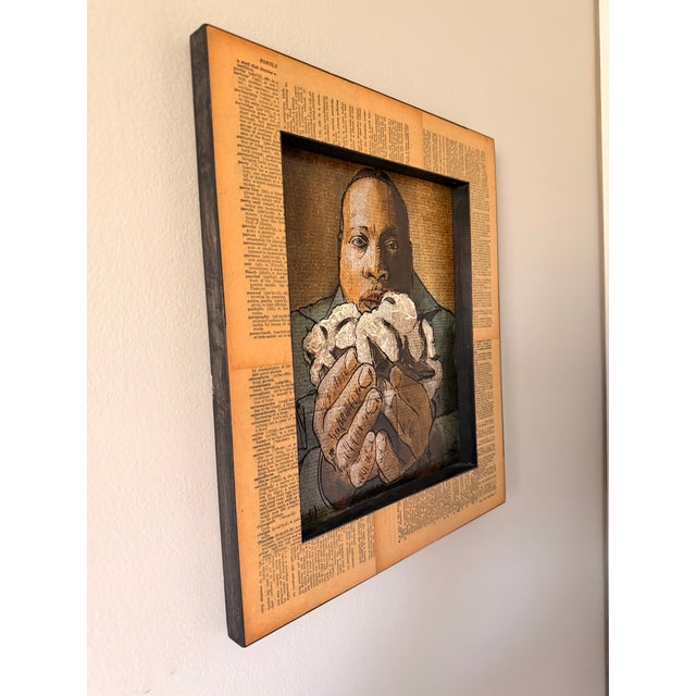 Original Aaron Hequemborg “ Willie Moore Cotton” Textural Mixed Media Figural Portrait on Dictionary Pages | Shadowbox Framed Wall Art For Sale - Image 4 of 7