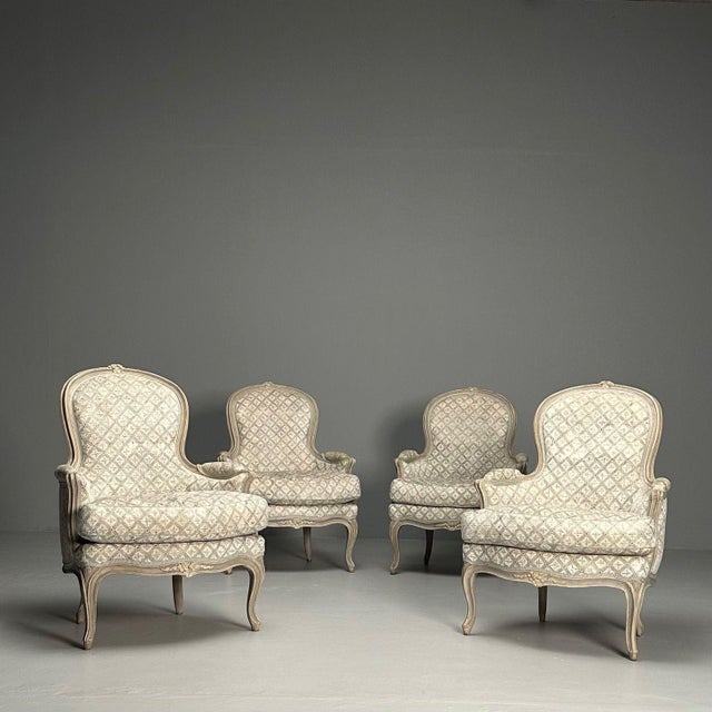 Louis XV Style, Bergère Chairs, Grey Painted Wood, Fabric, France, 1890 For Sale - Image 4 of 18