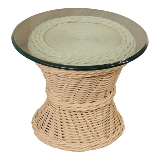 Quality Vintage Round Wicker Rattan Glass Top Side Table For Sale