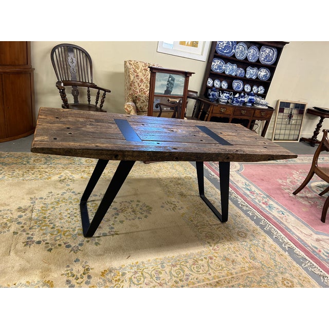Wood Industrial Rectangular Salvage Wood & Black Iron Table or Desk For Sale - Image 7 of 14