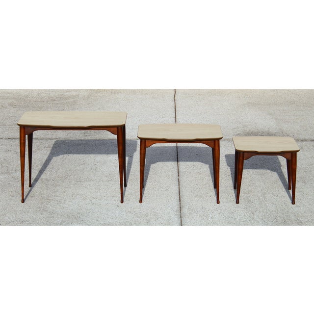 1960s Vintage Mid-Century Modern Nesting Tables – Set of 3 With Beige Tops & Tapered Maple/Beech Wood Legs For Sale - Image 12 of 17