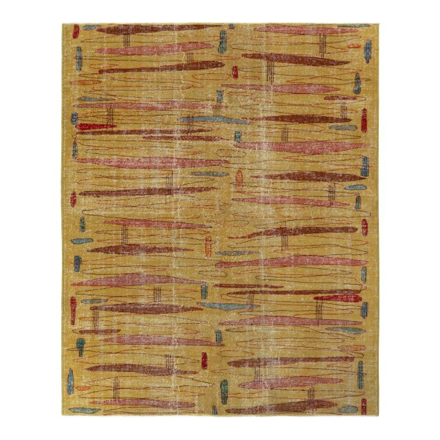 1960s Vintage Zeki Müren Rug in Gold, Pink, Distressed Art Deco Pattern For Sale In New York - Image 6 of 6