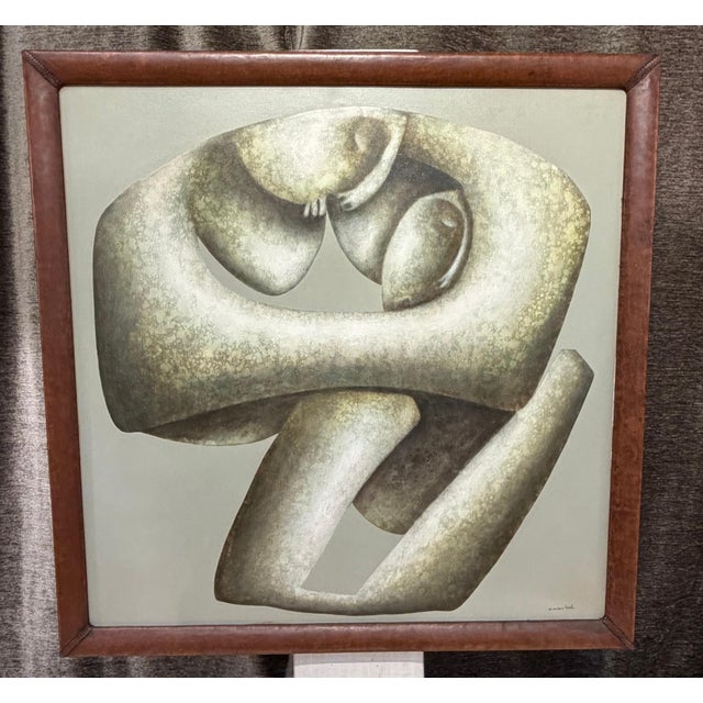 Carlos León Cruz “Untitled” Abstract Oil on Canvas, Custom Leather Frame A restrained abstract oil on canvas by Peruvian...