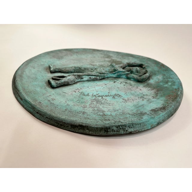 Artisan verdisgre bronze relief disc by Pal Kepenyes. A 3 dimensional wall hangable sculpture depicting a human figural...