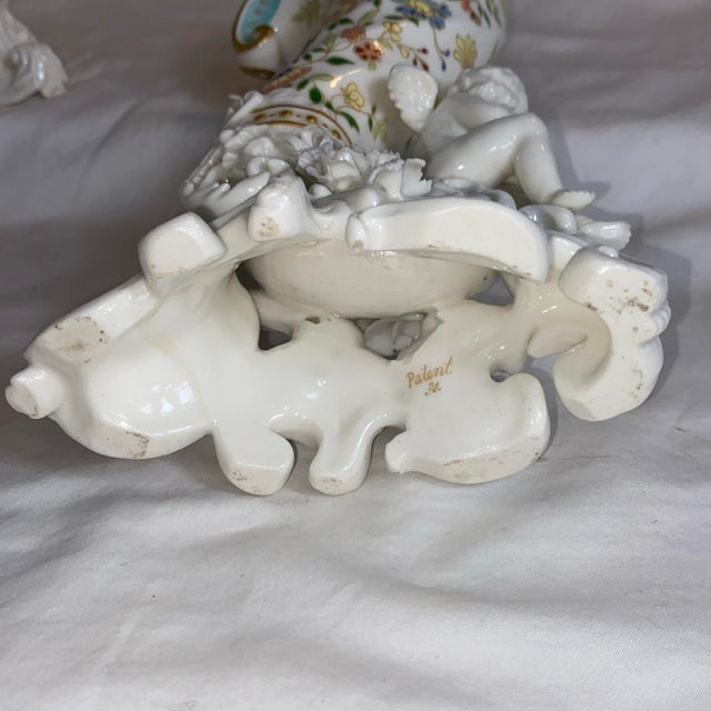 Ivory Pair of 1970s Cornucopia Hand Painted Floral With Cherubs on the Tips For Sale - Image 8 of 11