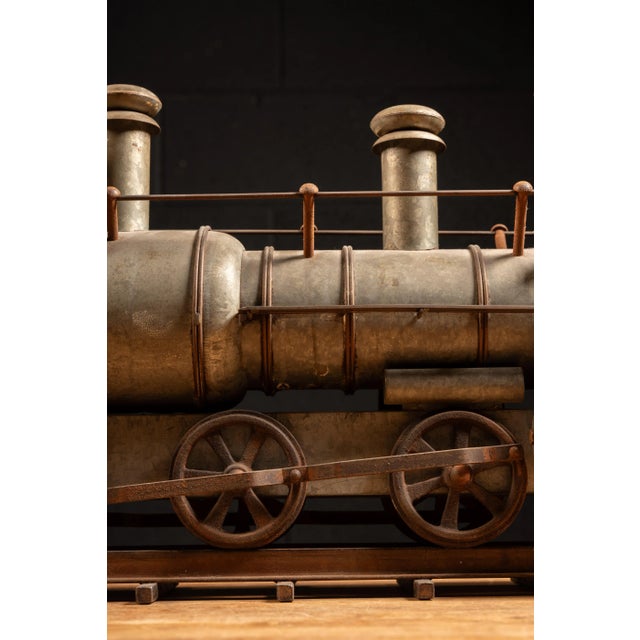 Dove Gray Early 20th Century Galvanized Steel Steam Locomotive Model on Track For Sale - Image 8 of 11