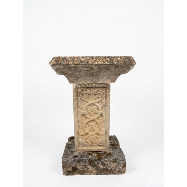 1990s English Regency Style Weathered Cast Stone Birdbath With Celtic Knot Pedestal For Sale - Image 5 of 10