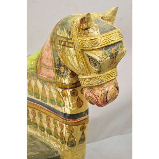 Traditional Vintage Figural Primitive Solid Carved Wood Red & Green Horse Bench Seat Chair For Sale - Image 3 of 12