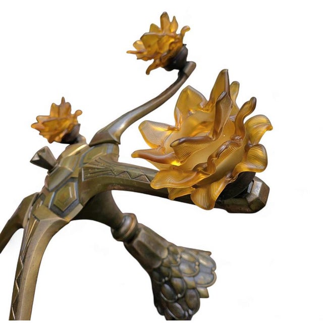 Art Deco Art Nouveau Brass Chandelier with Hand-Blown Floral Shades For Sale - Image 4 of 18
