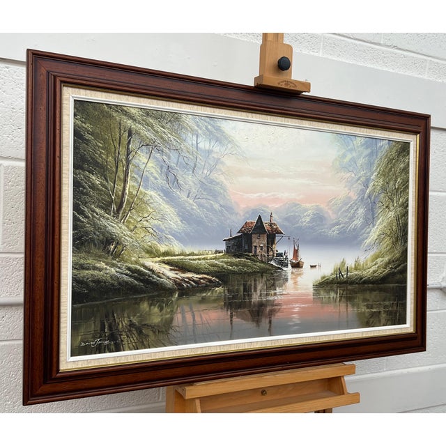 River Landscape with Water Mill in England with Lush Trees by British Artist 1976 For Sale - Image 9 of 16