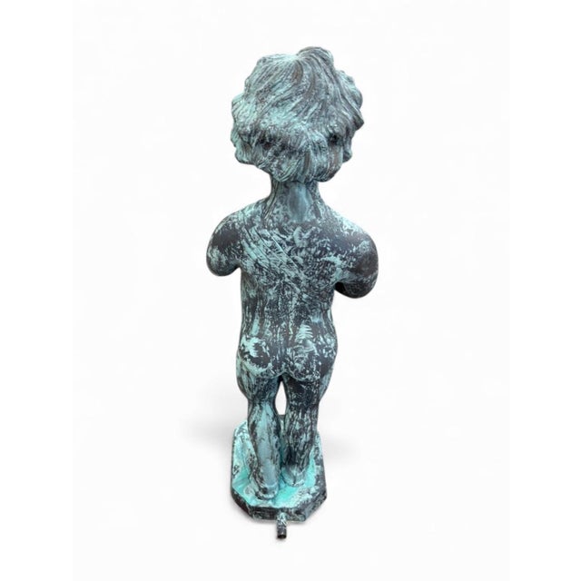 Rustic Vintage-Style Bronze Boy Playing Flute Fountain With Verdigris Patina For Sale - Image 3 of 9