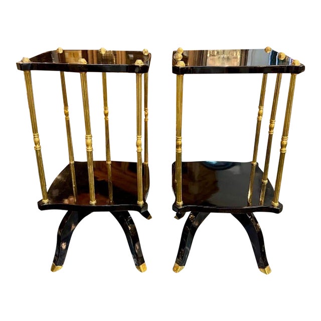 Pair of Italian Jansen Manner Black Lacquered and Brass Side Table For Sale