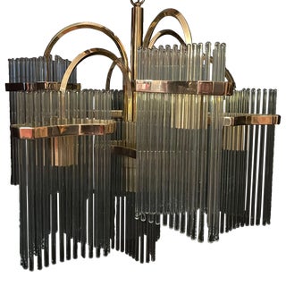 1970s Mid-Century Gaetano Sciolari for Lightolier Brass 7 Light Glass Rod Chandelier For Sale