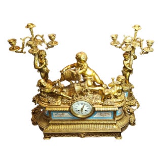 Pendulum in Bronze and Sèvres Porcelain with Candelabras, Set of 3 For Sale