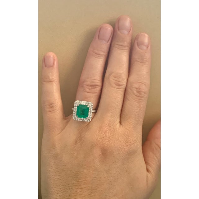 Emerald 4 Carat Emerald Cut Colombian Emerald and Diamond Platinum Ring Estate For Sale - Image 8 of 18