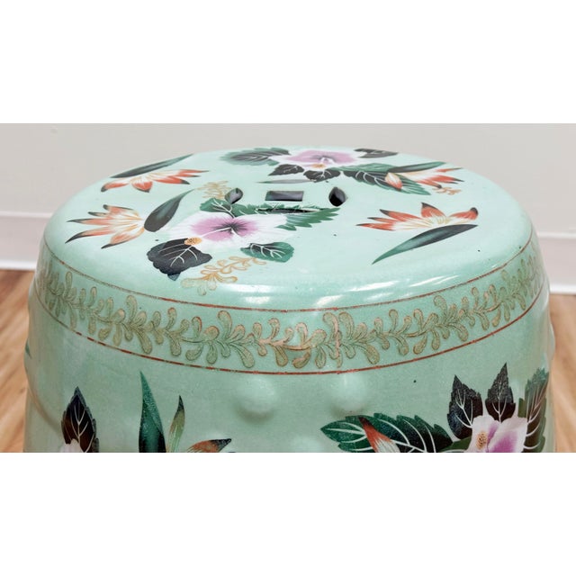Mint Vintage Chinoiserie Mint Green Floral Motif Garden Stool For Sale - Image 8 of 9