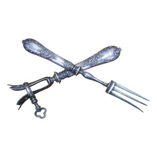 Antique French Silver Meat Carving Fork & Manche a Gigot Lamb Bone Clamp For Sale