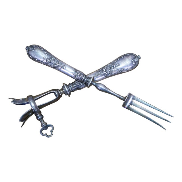 Antique French Silver Meat Carving Fork & Manche a Gigot Lamb Bone Clamp For Sale