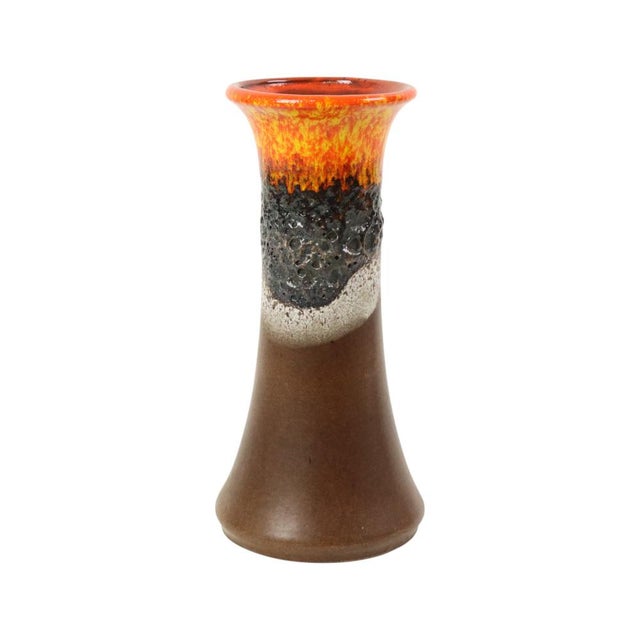 Vintage Jasba "Fat Lava" vase featuring orange and brown glazed ceramic with a central dark "Fat Lava" band; West German...