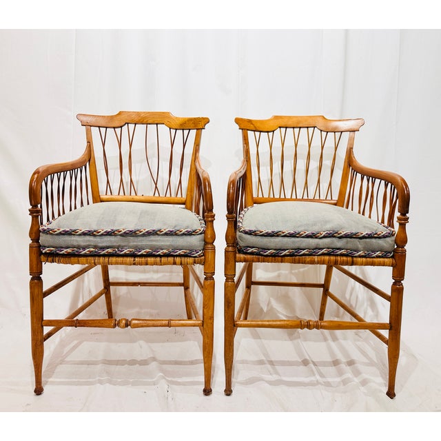 Pine Chippendale handcrafted chairs, C late 1800s, with pencil reed latticework and hand woven flat rush seats. Sturdy and...