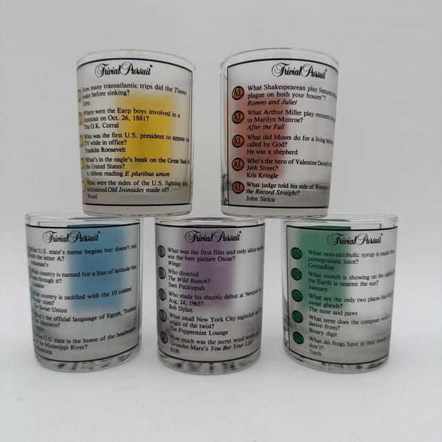 Vintage Trivial Pursuit DOF by Culver for Horn Abbott, Double Old Fashioned Barware Set of 5 Clear glass, frosted, and...