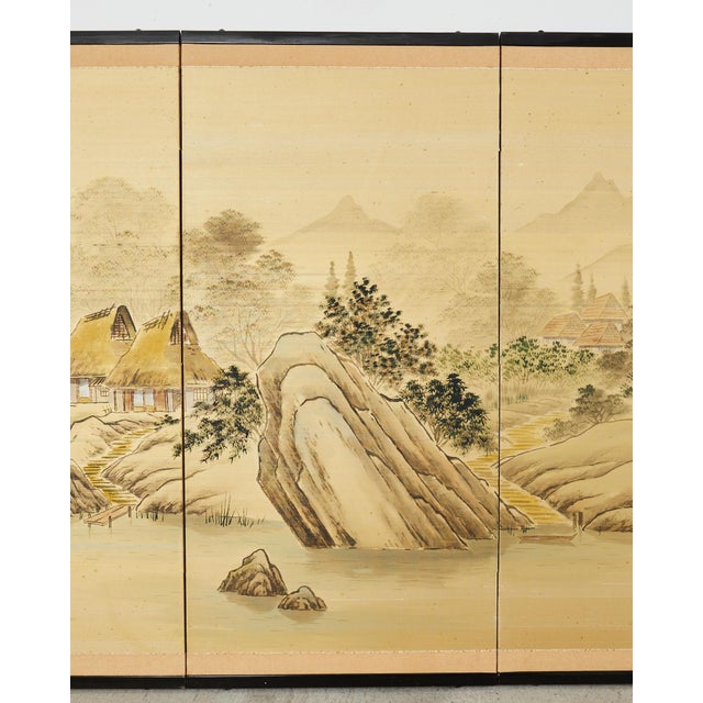 Japanese Showa Four Panel Screen Rustic Lakeside Village | Chairish