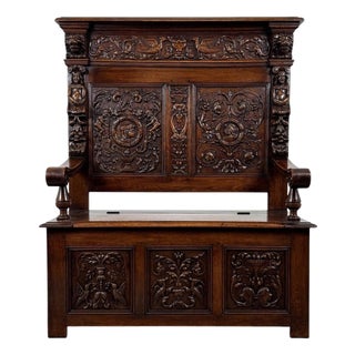 Antique English Carved Oak Settle with Storage, 1800s For Sale