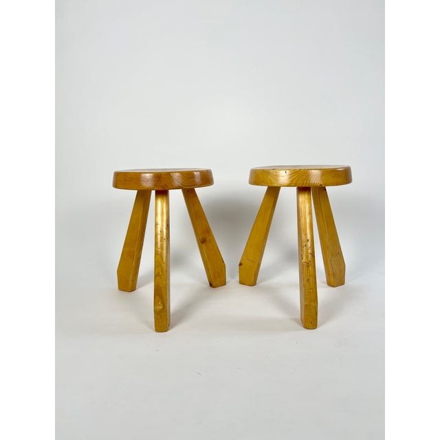 Pair of Pine stools by Charlotte Perriand, circa 1960-70 from Les Arcs. The stools were sourced from a chalet clearance in...
