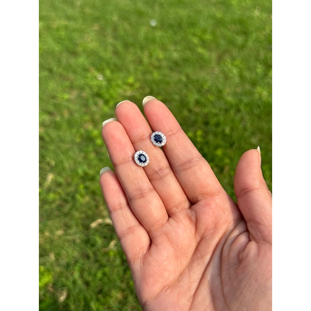 American Classic Oval Blue Sapphire & Diamond Halo Stud Earrings in 14k Solid Gold- A Pair For Sale - Image 3 of 14