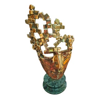 Geometric Bronze Masks with Marble Bases, Set of 2 For Sale