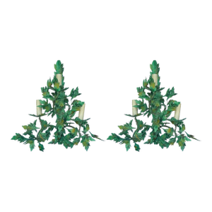 Mid-Century French Tole Leaf / Foliage Garden Wall Sconces - Pair