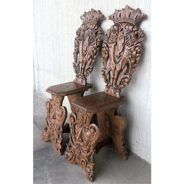 Early 19th Century Pair of 18th Century Italian Renaissance Lion Carved Walnut Sgabello Hall Chairs For Sale - Image 5 of 18