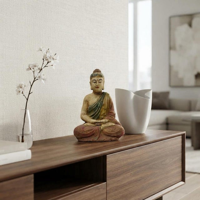 9" Chinese Meditation Cross Legs Sitting Buddha Wood Statue For Sale - Image 4 of 8