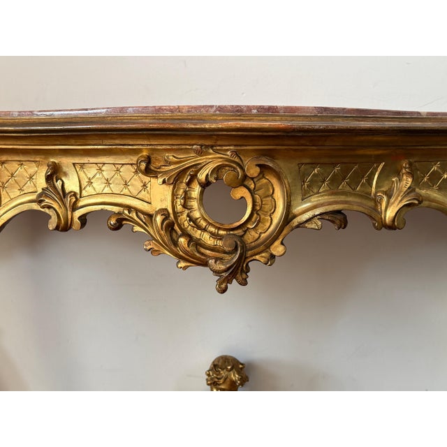 Early 19th Century Baroque Carved & Gilted Walnut Ormolu with Marble Console Table and Cherub For Sale In Miami - Image 6 of 18