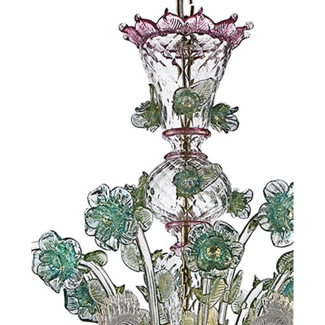 Scenographic Venetian Floral Pink and green blowing Murano Glass Chandelier All made by hand in clear Murano glass with...