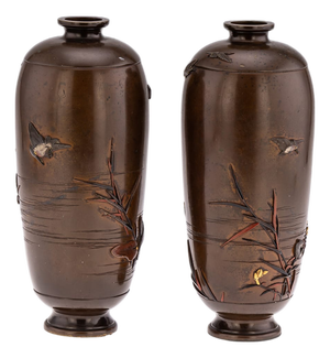 Antique Japanese Meiji Inlaid Bronze Ovoid Vases by Miyabe, 19th Century, Set of 2