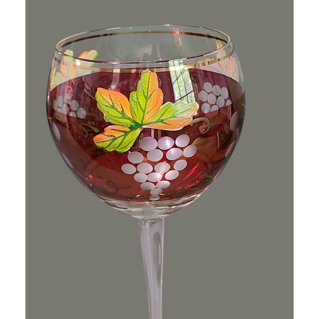 Vintage Pair of Wine Glasses Hand Painted Leaf & Grape Bohemian Etched For Sale - Image 4 of 8