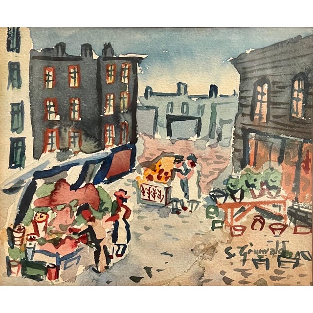 Modern Samuel Grunvald, 1940's American WPA Modernist New York City Watercolor Painting Tenement Market, c.1940s For Sale - Image 3 of 8