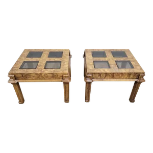Vintage Mid Century Burl Burled Wood Glass Panel Top Side Tables - Pair