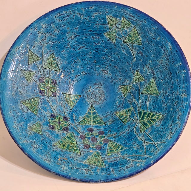 Bitossi Ceramic Pedestal Bowl Blue Rimini Blu 12in Mid Century Italy Pottery MCM For Sale In Minneapolis - Image 6 of 11