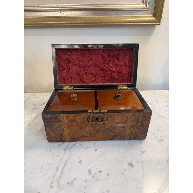 Wood Antique Victorian English Burr Walnut Tea Caddy With Geometric Inlay, C. 1870 For Sale - Image 7 of 7