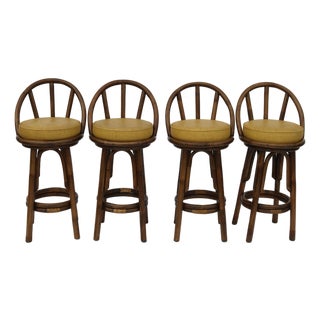 Mid Century Modern Bent Rattan Swivel Barstools With Back-Set of 4 For Sale