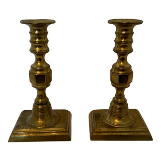 1940s English Brass Candlesticks With Rectangular Base - a Pair For Sale