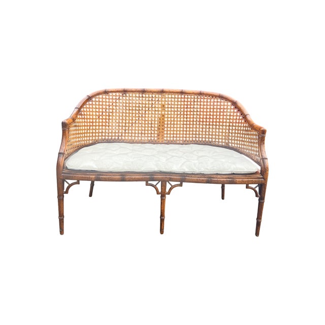 Vintage Faux Burnt Bamboo Settee Sofa Bench With Rattan Cane Back Beautiful piece. Sturdy good quality. Seat cushion...