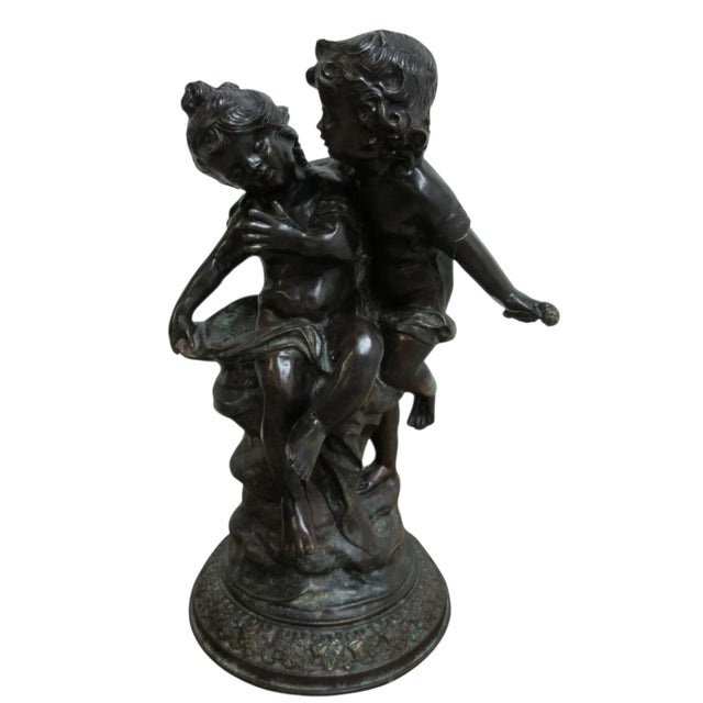 Black Vintage Bronze Frolicking Boy Girl Statue Italian Regency French For Sale - Image 8 of 9