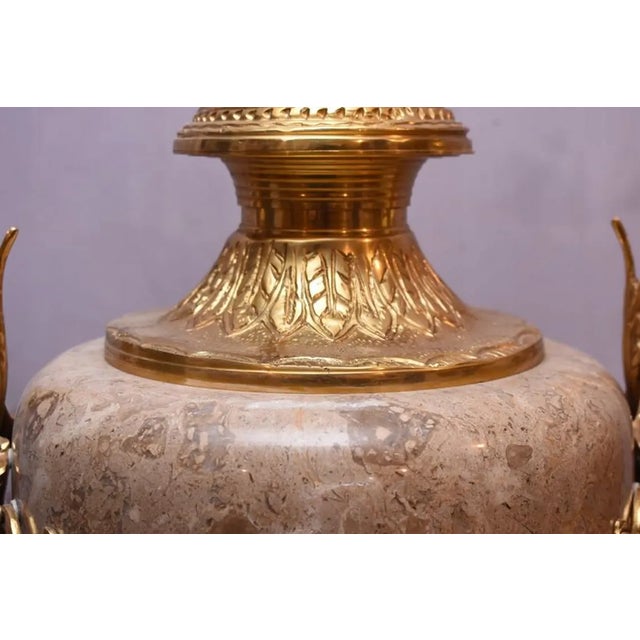 Pair of Large Neoclassical Beige Marble and Ormolu Bronze Urn Amphorae With Matching Pedestals For Sale - Image 16 of 16