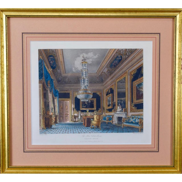 Four hand colored etchings and aquatints depicting interiors within English royal residences, including "The Blue Velvet...
